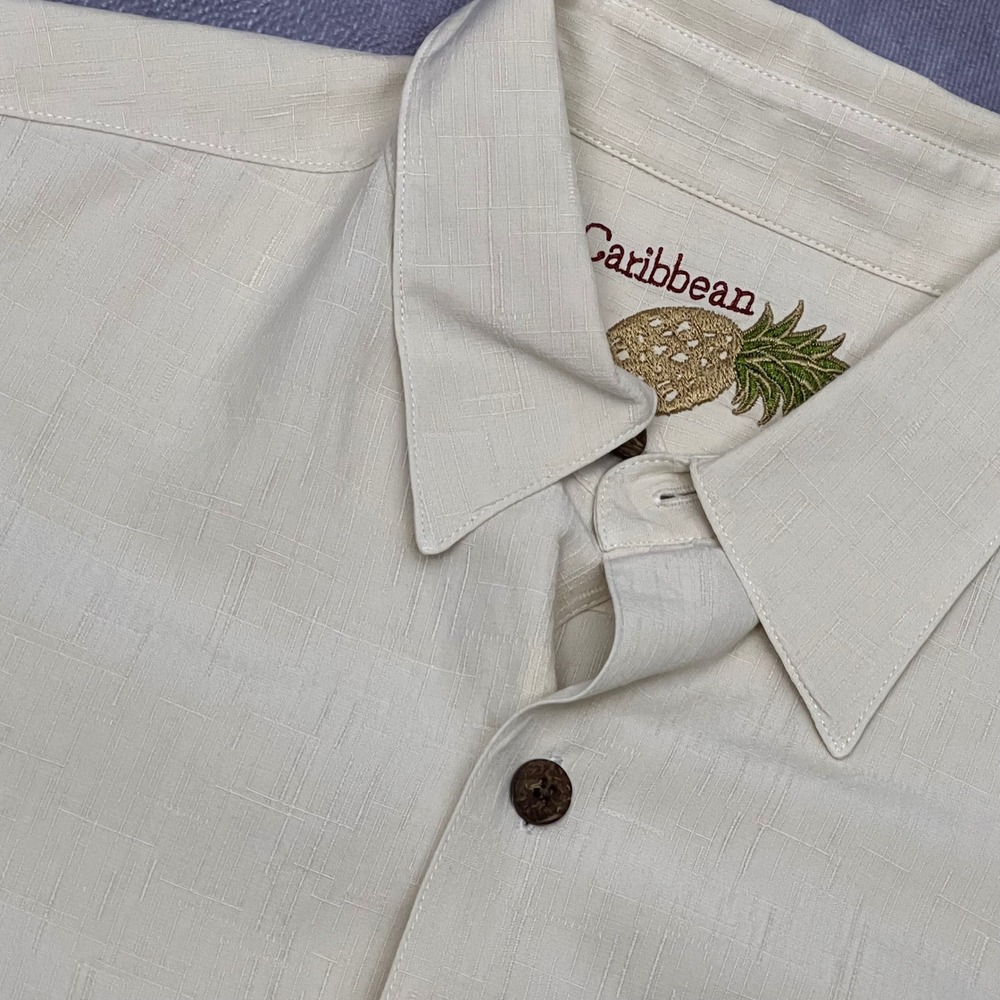 Caribbean Button Down Shirt Mens M Cream Silk Cotton Textured Short Sleeve
